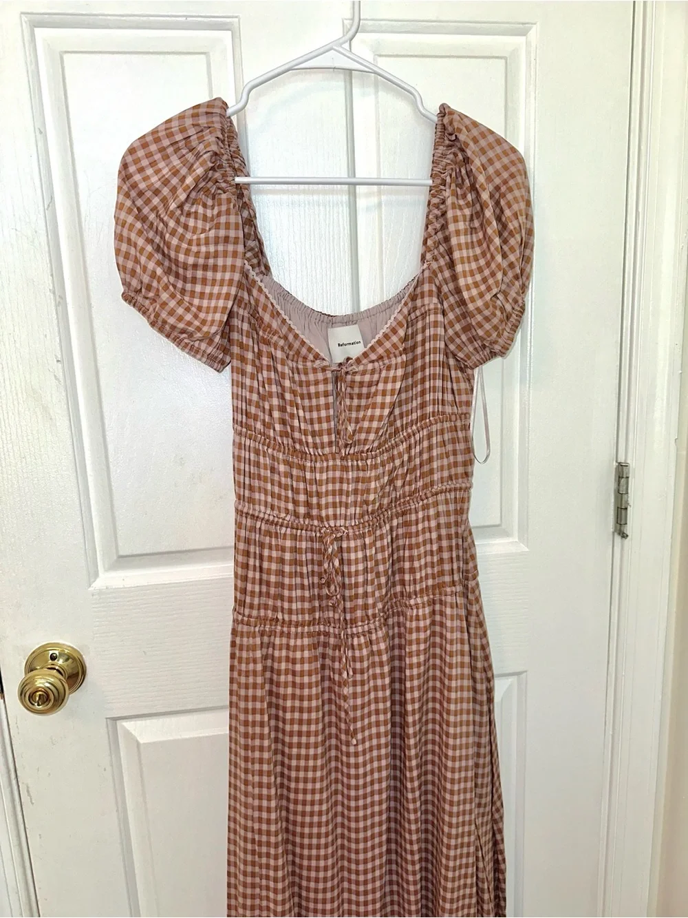Reformation Brown Gingham Puff-Sleeve Midi Dress - Picture 2 of 6